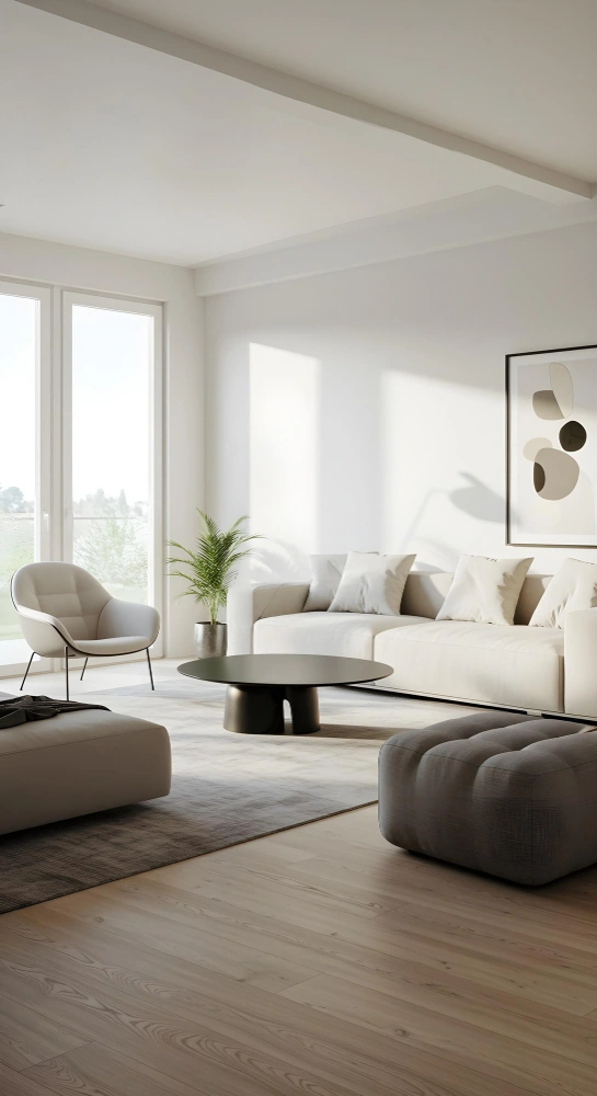 Helles, frisch gereinigtes Wohnzimmer mit Parkett in einem Frankfurter Altbau